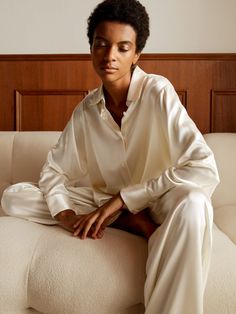 Relax into pillow-soft silk in our Viola oversized silk pajama set. A classic simple-yet-chic pajama set, say hello to sweet dreams (and sweet comfort) in a lounge-worthy button-down shirt inspired by our popular SOS (silk oversized shirt) and coordinating pants. Cute Satin Pajamas, Elegant Pajamas For Women, Night Clothes Women, Sleepwear Photoshoot, Pajama Photoshoot, Pajamas Photoshoot, White Silk Pajamas, Pajamas Bridesmaids, Loungewear Photoshoot