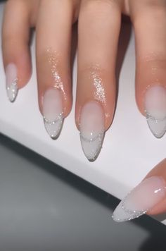 Almond Party Nails, Almond Nails White Glitter, Nye Nail Ideas Almond, Short Nye Nails, Nye Nails Coffin, January Nail Inspo 2024, Acrylic Nails 2024, Simple Nye Nails, Old Money Nails Ideas Almond