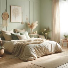 a large bed sitting next to a window in a room with wooden floors and green walls