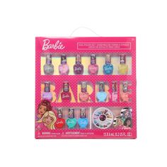 Barbie-Nail Polish Set - 17 Pack A perfect manicure is always in style! This Barbie nail set features 15 colorful polishes, as well as special gems that will add a bit of sparkle. Complete with a file and a cuticle stick so they can enjoy salon-worthy nails from the comfort of their home. Barbie Styling Head, Barbie Nail, Perfect Manicure, Nail Polish Set, Kids Makeup, Black Barbie, Nail Polish Sets, Cute Acrylic Nails, Stylish Nails