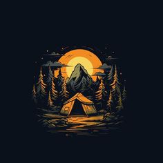 a tent in the woods under a full moon with trees and mountains on either side