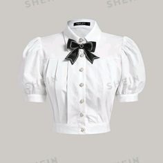 Black And White Clothes, Black Kawaii Tops For Cosplay, Retro White Top With Ruffled Collar, Kawaii Collared Shirt, White Collared Shirt Puffy Sleeves, Cottagecore White Top With Ruffled Collar, Pleated Shirt, Clothing Design Sketches, Shein Tops