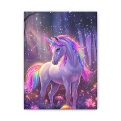 a painting of a unicorn standing in the middle of a forest with flowers and stars