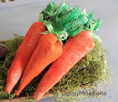 three carrots sitting on top of some grass