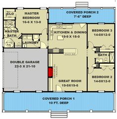 the floor plan for a two story house with an attached garage and covered porch,