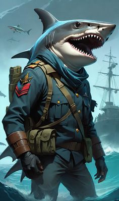 a painting of a man in uniform with a shark on his shoulder and an image of a ship behind him