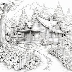 a house in the woods with trees and flowers around it, drawn by hand on paper