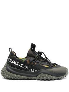 black/green panelled design front toggle fastening double pull-tab at the opening logo-tape detailing camouflage pattern contrasting toecap round toe branded insole chunky rubber sole Clothing Tape, Versace Sneakers, Sneakers Green, Black Tape, Balenciaga Track, Office Bag, Versace Belt, Print Sneakers, Balenciaga Triple S