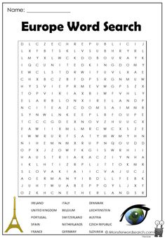 the word search page for europe is shown in this printable worksheet with an eye