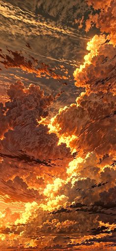 the sky is filled with orange and yellow clouds