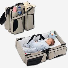 an image of a baby sleeping in a travel bag with the words pinterest on it