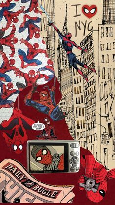 an image of spider - man collaged with newspaper and other comic related items