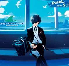 an anime character is sitting on a bench in front of the sea paradise sign and holding a suitcase