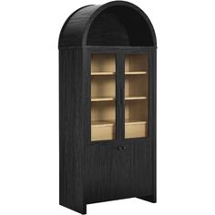 a wooden cabinet with glass doors on the front and bottom shelves in dark wood finish