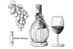 wine bottle, glass and cork with grapes on the vine royalty illustration - image 3497