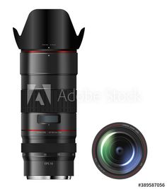 a camera lens with its hood open and an image of the front view mirror below it