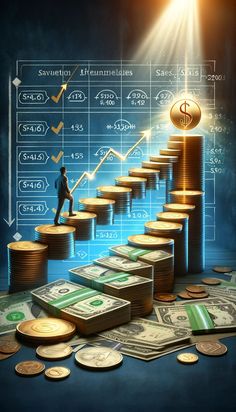 a man standing on top of stacks of money in front of an upward chart with dollar bills