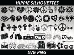 various black and white images with the words hippie silhouettes svg png