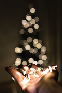 a person holding out their hand in front of a christmas tree with lights on it