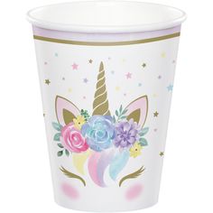 a paper cup with an unicorn face and flowers on it