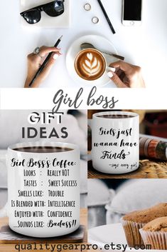 coffee mugs with the words girl boss on them and some other things around it