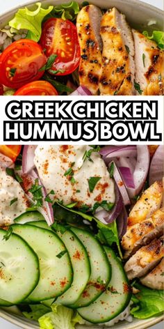 greek chicken hummus bowl with cucumbers, tomatoes, onions and lettuce