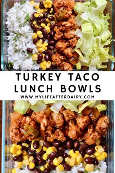 this turkey taco lunch bowl is packed with rice, beans and lettuce