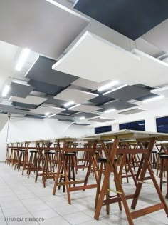 a room filled with lots of wooden tables and chairs