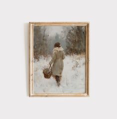 a painting of a woman walking in the snow carrying a basket and wearing a white coat