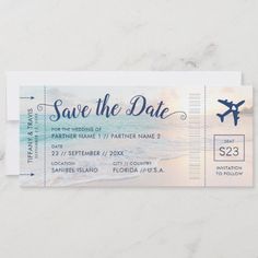 an airplane ticket with the words save the date on it