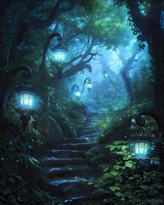 an image of a forest scene with lanterns