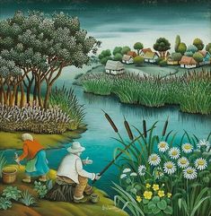 a painting of two people fishing on the river with daisies in the foreground