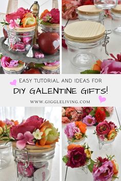 flowers in mason jars with text overlay that says easy and ideas for diy valentine gifts