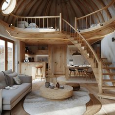 a living room filled with furniture and a spiral staircase