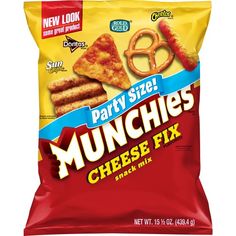 a bag of party size munchies cheese fix snack mix on a white background