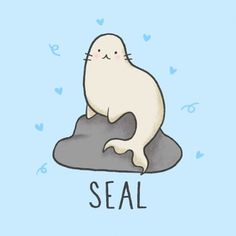 a seal sitting on top of a rock with the word seal in it's mouth