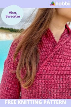 a woman wearing a pink knitted sweater with text overlay that says, free knitting pattern