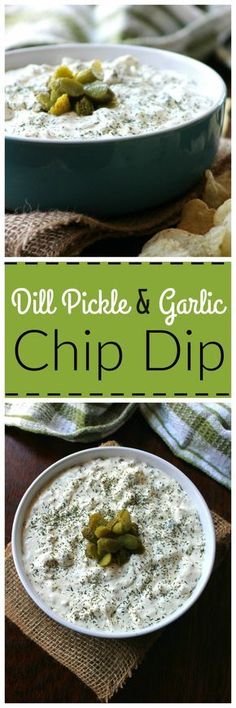 dill pickle and garlic dip in a white bowl with the title above it