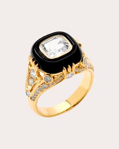 Syna Jewels Mogul Black Onyx Diamond Ring | OLIVELA Black Statement Ring, Onyx Diamond Ring, Hot Jewelry, Yellow Gold Setting, Champagne Diamond, Gold Diamond Rings, Rock Crystal, Diamond Clarity, Black Onyx