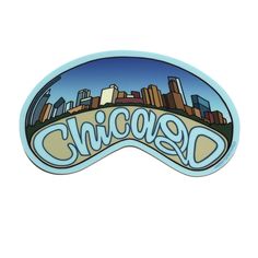 a sticker with the word chicago in it's center and a cityscape behind it