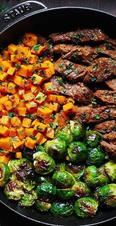 Garlic Butter Steak with Brussels Sprouts and Sweet Potatoes (or Butternut Squash) Fiber Veggies, Brussels Sprouts And Butternut Squash, Brussels Sprouts And Sweet Potatoes, Butter Steak, Garlic Butter Steak, Chicken Easy, Health Dinner, Health Dinner Recipes, Fall Dinner