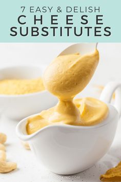 a spoon full of cheese sauce with the words 7 easy and delish cheesy subs