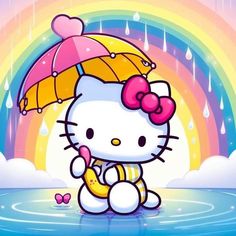 hello kitty sitting under an umbrella in the rain with a rainbow behind her and butterflies nearby