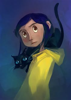 a painting of a girl with blue hair holding a black cat in her arms and looking at the camera