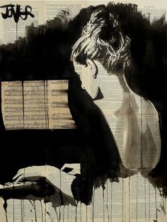 a drawing of a woman sitting at a piano with sheet music in her hands and the word love written on it