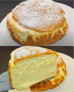 two different pictures of a cake on a plate