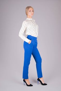 "Details Details: This beautiful pants are very comfortable and elegant suitable for business. It's used high quality materials for manufacturing them. They are straight leg pattern. You can wear them them in different occasions formal or casual. Classic Line trousers. Elegant style, suitable for any type figure. Pockets, with zip fastening on the back. It's part of the collection \"Face Off\". Made with a lot of attention and love in our Bulgarianian design studio. Fabric & Color: Wool I Ac Semi-formal Stretch Pants With Pockets, Stretch Semi-formal Ankle Pants, Semi-formal Stretch Trousers, Semi-formal Stretch Straight Leg Pants, Tailored High Waist Work Pants, Tailored Ankle-length Work Pants For Office, Stretch Tapered Leg Dress Pants For Work, Stretch Straight Pants For Semi-formal Occasions, Office Pants With Welt Pockets