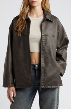 Inspired by classic aviator silhouettes and cut in an oversized silhouette, this softly weathered faux-leather jacket is the perfect outerwear essential. 27" length (size medium) Exclusive retailer Front zip closure Spread collar Front welt pockets Lined 91% polyester, 9% viscose with polyurethane coating Machine wash, line dry Imported Women Casual Wear, Leather Jacket Women, Womens Jackets Casual, Straight Jacket, Aviator Jackets, Real Leather Jacket, Genuine Leather Jackets, Oversized Jacket, Edgy Look