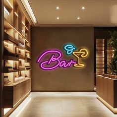 a neon sign that says bar in front of a wall filled with shelves and plants