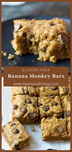 gluten - free banana monkey bars with chocolate chips are the perfect snack for kids and adults